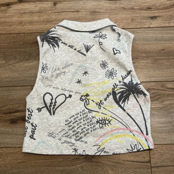 Jaded London Doodle Graffiti Rib Halter Top SZ 8 Gray Crop Collared Stretch Tank - Picture 7 of 7